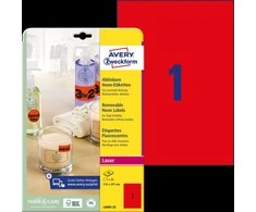 Lipnios etiketės Avery Zweckform, A4, 210x297mm, 25 lapai, neoninės raudonos spalvos