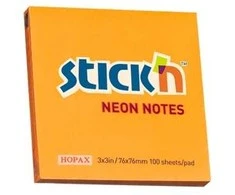 Stickn Lipnūs lapeliai Stick´N 21164, 76x76mm, 100 lapelių,neoninės oranžinės spalvos