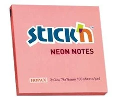 Stickn Lipnūs lapeliai Stick´N 21166, 76x76mm, 100 lapelių,neoninės rožinės spalvos