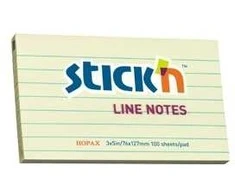 Lipnūs lapeliai Stick´N, 76x127mm, 100 lapelių, geltonos spalvos, linijomis