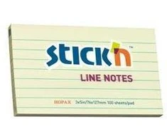 Lipnūs lapeliai Stick´N, 76x127mm, 100 lapelių, geltonos spalvos, linijomis