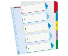 Skiriamieji lapai Esselte Mylar, daugkartinio naudojimo, A4+, 1-5 skaičiai, kartoniniai, įvairių spalvų