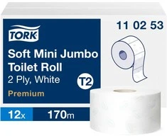 Tualetinis popierius Tork Premium Soft Jumbo Mini T2 (110253), baltos spalvos, 2 sluoksniai, 170 m, 1214 lapelių