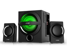 Kompiuterio kolonėlės Fenda F&amp;D A140X 2.1 daugialypės terpės garsiakalbiai, 37 W RMS (12 Wx2 + 13 W), 2x3 colių palydovai + 4 colių žemųjų dažnių garsiakalbis, BT 5.0 / AUX / USB / FM / kelių spalvų LED / nuotolinio valdymo pultas / medinis / juodas