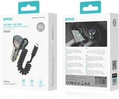 Įkroviklis automobilinis Bwoo (CC96C) (1xUSB, 1xUSB-C 30W) su USB-C laidu juodas