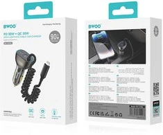 XO Įkroviklis automobilinis Bwoo (CC96L) (1xUSB, 1xUSB-C 30W) su lightning laidu juodas