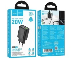 Phone charger Hoco USB A + USB C QC3.0 PD 3A 20W N61 juodas