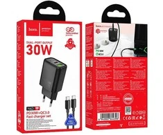 Telefono įkroviklis Hoco USB A + USB C QC3.0 PD 3A 30W + laidas USB C į USB C N63 juodas