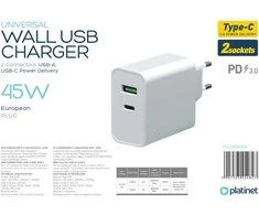 Įkroviklis Platinet QuickCharge Type-C+USB 2.4A (45W) baltas