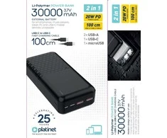 Išorinė baterija POWER BANK Platinet 30000mAh (2xUSB; 1xType-C; QC3.0 22.5W) juoda
