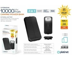 Išorinė baterija POWER BANK Platinet SOLAR 10000mAh (2xUSB; 1xUSB-C; 3A) juoda