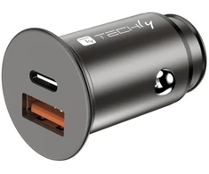 TECHLY mini automobilinis įkroviklis USB-A ir USB-C greitas įkrovimas 3.0 38W Juodas metalas