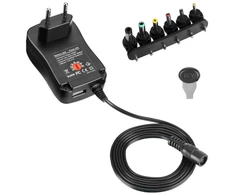 TECHLY universalus 12 W kintamosios srovės/nuolatinės srovės maitinimo šaltinis su 6 nuolatinės srovės lizdais ir USB prievadu, reguliuojama įtampa 3–12 V