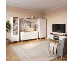 Vitrina Oslo 175 x 40 x 40 cm, balta, 2 stalčiai, stiklinės durelės, skandinaviško stiliaus