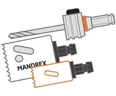 68mm ir 83mm TCT gręžimo karūnėlių komplektas su One Click laikikliu ir centravimo grąžtais, Mandrex