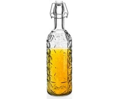 Dekoruotas stiklinis butelis alkoholiui, vynui, likeriui, sirupui, sultims su kamštiniu spaustuku 0,75 l