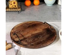 Medinė pjaustymo lenta, serviravimas, apvalus padėklas su rankenomis, 39-40 cm