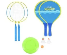 NRZ053 3IN1 / BADMINTONO RINKINYS 2 RAKETĖS + 2 PAPLŪDŽIO REKETĖS + ŽALINĖS + FRIZBI JUNIOR NILS