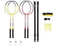 NRZ264 ALIUMINIO / BADMINTONO RINKINYS 4 RAKETĖS + 3 PLUNKSTINĖS langinės + TINKLAS 600x60cm + NILS dangtelis