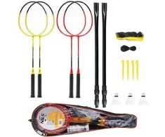NRZ264 ALIUMINIO / BADMINTONO RINKINYS 4 RAKETĖS + 3 PLUNKSTINĖS langinės + TINKLAS 600x60cm + NILS dangtelis