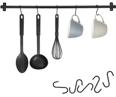Pakabos bėgelis, virtuvės bėgelis indams, metalinis, juodas, kabliukai, 78,5 cm