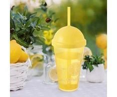 Plastikinis puodelis su dangteliu ir šiaudeliu 450 ml