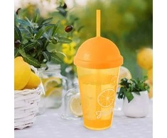 Plastikinis puodelis su dangteliu ir šiaudeliu 450 ml
