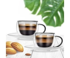 Terminiai puodeliai su lėkšte su dviguba sienele espreso kavai DOUBLE 90 ml 2 vnt.