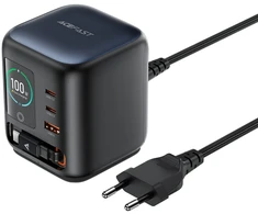 Acefast Z10 GaN 100W 3xUSB Desktop Charger with Retractable USB-C Cable and TFT Ekranas - Juodas