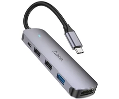 Adapteris Hoco HB27 Type-C daugiafunkcis keitiklis HDMI+USB3.0+USB2.0*2+PD pilkas