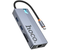 Adapteris HUB 8w1 (HDTV+RJ45+SD/TF+PD+Type-C 3.0+USB 3.0 x 2) USB-C Hoco HB52 pilkas