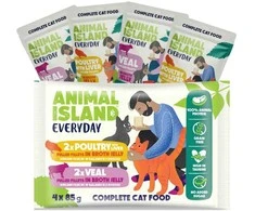 ANIMAL ISLAND Everyday – šlapias kačių ėdalas su veršiena ir paukštiena bei kepenėlėmis – 4 x 85 g