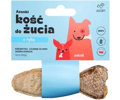 Brit AZANKI menkės odoje su kaulais, krevetėmis ir juodomis alyvuogėmis, žuvies formos – šunų skanėstas – 12 cm