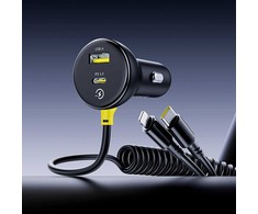 Baseus Circular 60W USB-A + USB-C automobilinis įkroviklis su Built-in Lightning + USB-C Kabelis 1.4m - juodos spalvos