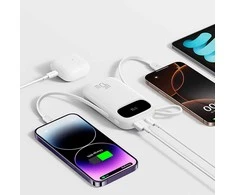 Baseus „EnerFill FC31“ 20000mAh 45W išorinė baterija su skaitmeniniu ekranu ir 2 integruotais laidais (USB-C + „Lightning“) – balta