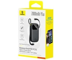Baseus EnerFill FC31 20000mAh 45W išorinė baterija su ekranu, USB-C ir „Lightning“ laidais - Juodas