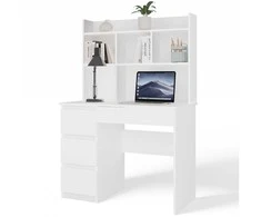 Top E Shop Topeshop MIJAS kairinis rašomasis stalas su prailginimu, matinės baltos spalvos, 4 stalčiai, 4 lentynos, biurui