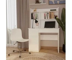 Top E Shop Topeshop MIJAS kairinis rašomasis stalas su prailginimu, matinės baltos spalvos, 4 stalčiai, 4 lentynos, biurui