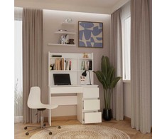 Top E Shop „Topeshop MIJAS“ rašomasis stalas, dešinysis, su prailginimu, matinės baltos spalvos, 4 stalčiai, 4 lentynos, biurui