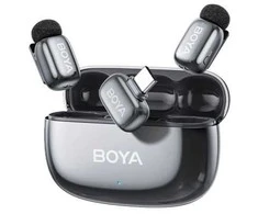 BOYA belaidis mikrofonas „Mini 2-02“ 2,4 GHz, su dirbtinio intelekto valdomu triukšmo slopinimu, 2 siųstuvais ir 1 imtuvu (C tipo), pilkos spalvos, ES