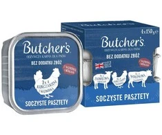 BUTCHER'S Original Mix Juicy paštetai - šlapias šunų maistas - 4 x 150g