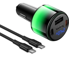 Car charger Hoco USB A + 2xUSB C PD QC3.0 37W + cable USB C to C Z69A juodas