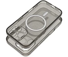 Dėklas Oem Case for iPhone 14 Clear Mag Cover (STR / CAMERA PROTECTION) compatible with MagSafe juodas glitter