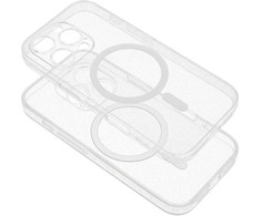 Oem Originalus „iPhone 14 PRO“ skaidrus „Mag“ dėklas – blizgučiai (STR / APSAUGA NUO FOTOAPAROS), suderinamas su „MagSafe“ permatomais blizgučiais.
