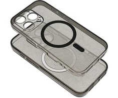 Dėklas Oem Case for iPhone 16 Clear Mag Cover (STR / CAMERA PROTECTION) compatible with MagSafe juodas glitter