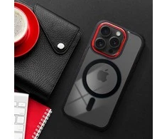 OEM dėklas, skirtas iPhone 17 Pro Max / 18 Pro Max (žemas kameros kraštas), spalvotas kraštas, suderinamas su MagSafe, juodas-raudonas