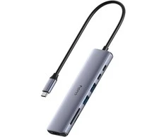 „Cudy UH407 PortMate USB-C 7-in-1“ šakotuvai, 4K 60Hz HDMI USB-C PD USB-A SD TF aliuminio pilka