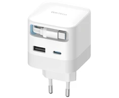 Cuktech AD653W 67W GaN 2x USB-C + USB-A sieninis įkroviklis su 70 cm ištraukiamu USB-C laidu – baltas