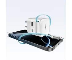 Cuktech AD653W 67W GaN 2x USB-C + USB-A sieninis įkroviklis su 70 cm ištraukiamu USB-C laidu – baltas