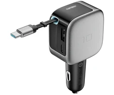 Cuktech CC903P 100 W automobilinis įkroviklis su ekranu ir 70 cm ištraukiamu USB-C laidu – pilkas
